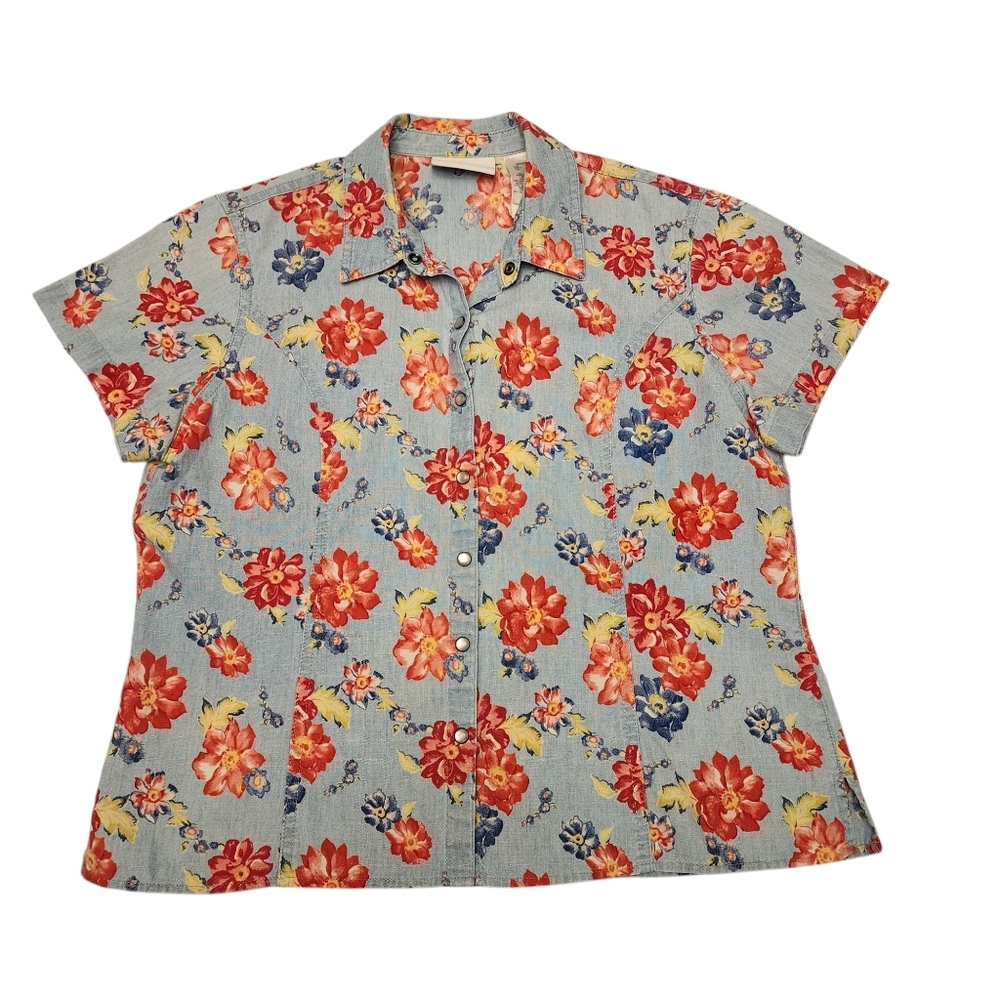 Liz Claiborne Floral Denim Snap Closure Short Sleeve Top Size Small Petite - Picture 6 of 13